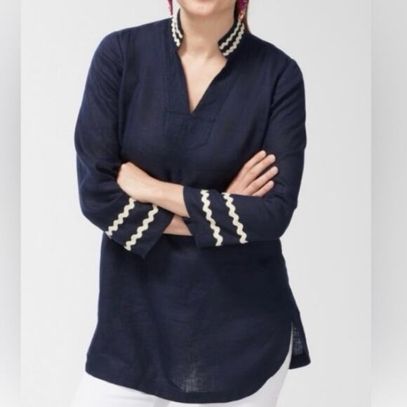 Chico’s 100% Linen Tunic Rick Rack Trim 3/4 Sleeve Navy Blue Size 10 (1.5) - Picture 1 of 11